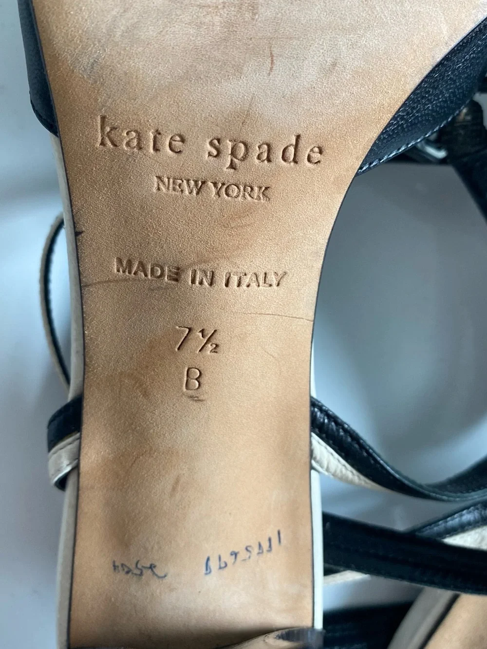kate spade Black Leather Pointed-Toe Ankle-Strap Pumps with Cream Stripes 7 1/2